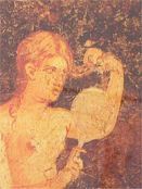 Painting of girl holding tress of hair up to the mirror