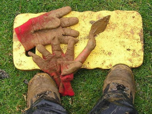 Muddy gloves, boots and trowel