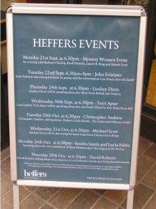 Photo of Heffers events board outside the shop