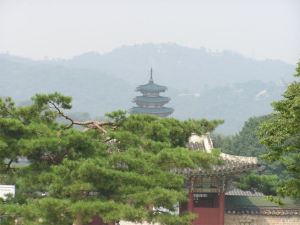 Traditional rooftop against background of mountains