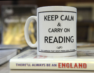 Mug with slogan, "Keep Calm and Carry on Reading"