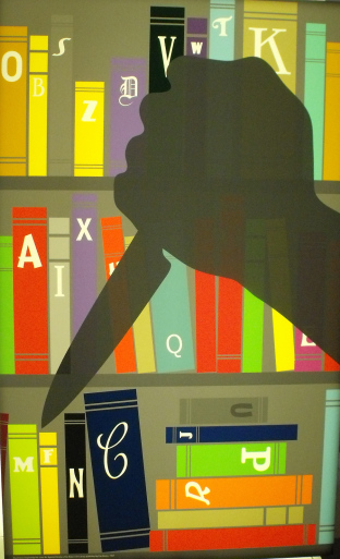 Illuminated graphic with shadow of hand clutching dagger on library shelves
